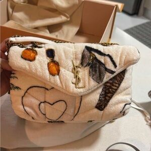 Saint Laurent Cream Quilted Plush Monogram Shoulder Bag with Multicolor Accents